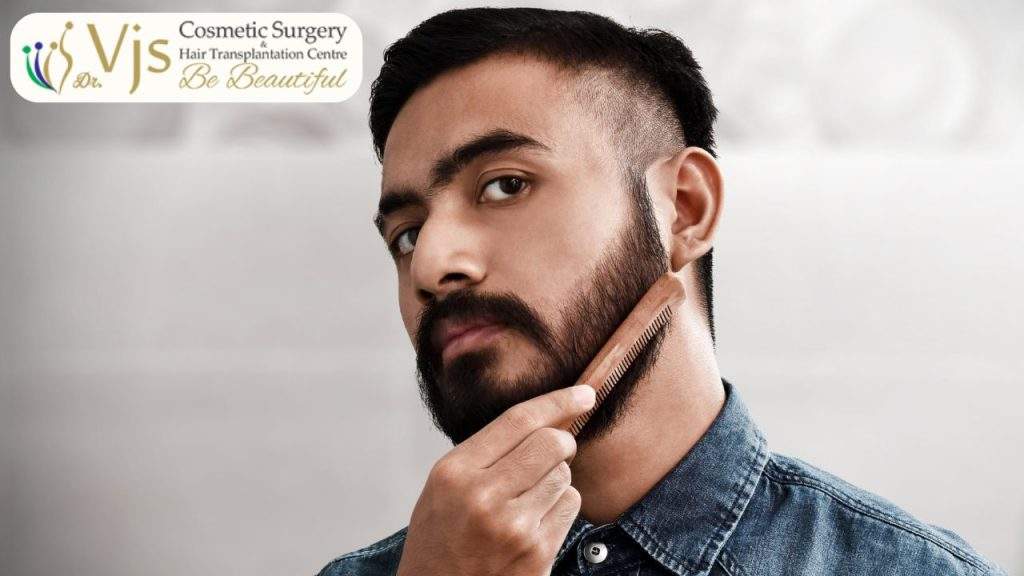 Close-up of a man with a groomed beard, using a beard comb for grooming, representing men's grooming services at VJ Clinics.