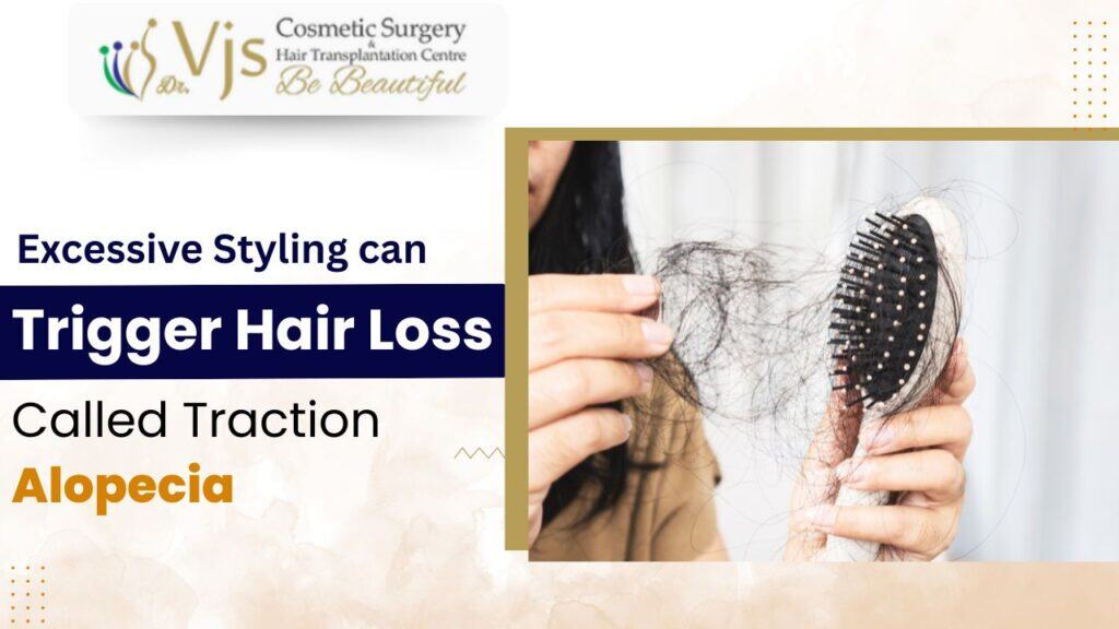 Thinning hair on a hairbrush indicating hair loss caused by excessive styling and traction alopecia.