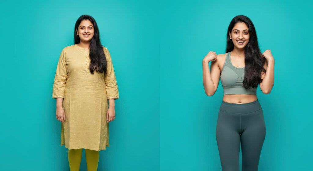 Healthy woman before and after weight loss transformation, fitness, wellness, gym motivation, healthy lifestyle, VJ Clinics.