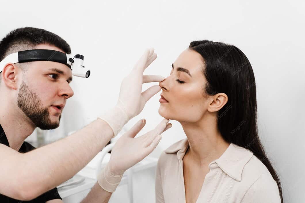 Doctor examining patient's nose for rhinoplasty options during consultation.