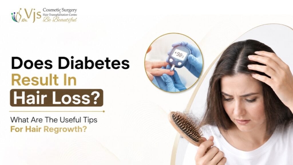 Woman examining hair loss with diabetes management device and hairbrush.