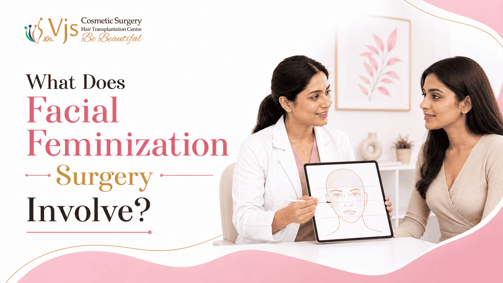 Consultation on facial feminization surgery with a doctor and patient discussing facial features.