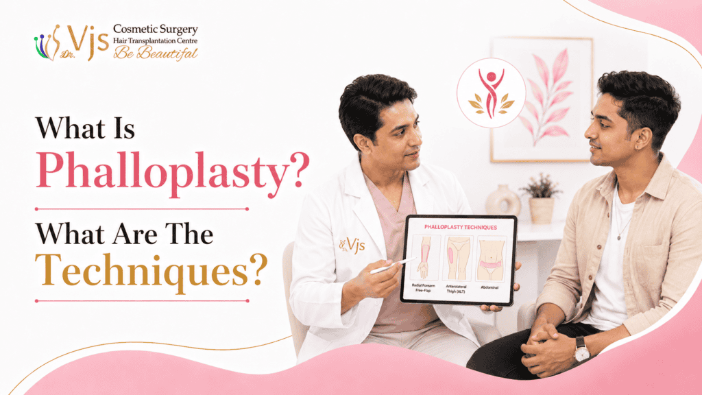 Doctor explaining phalloplasty techniques to a patient in a clinic setting.