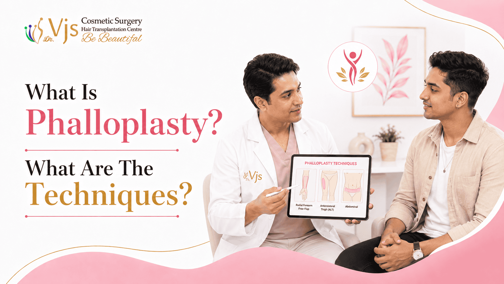 Doctor explaining phalloplasty techniques to a patient in a clinic setting.