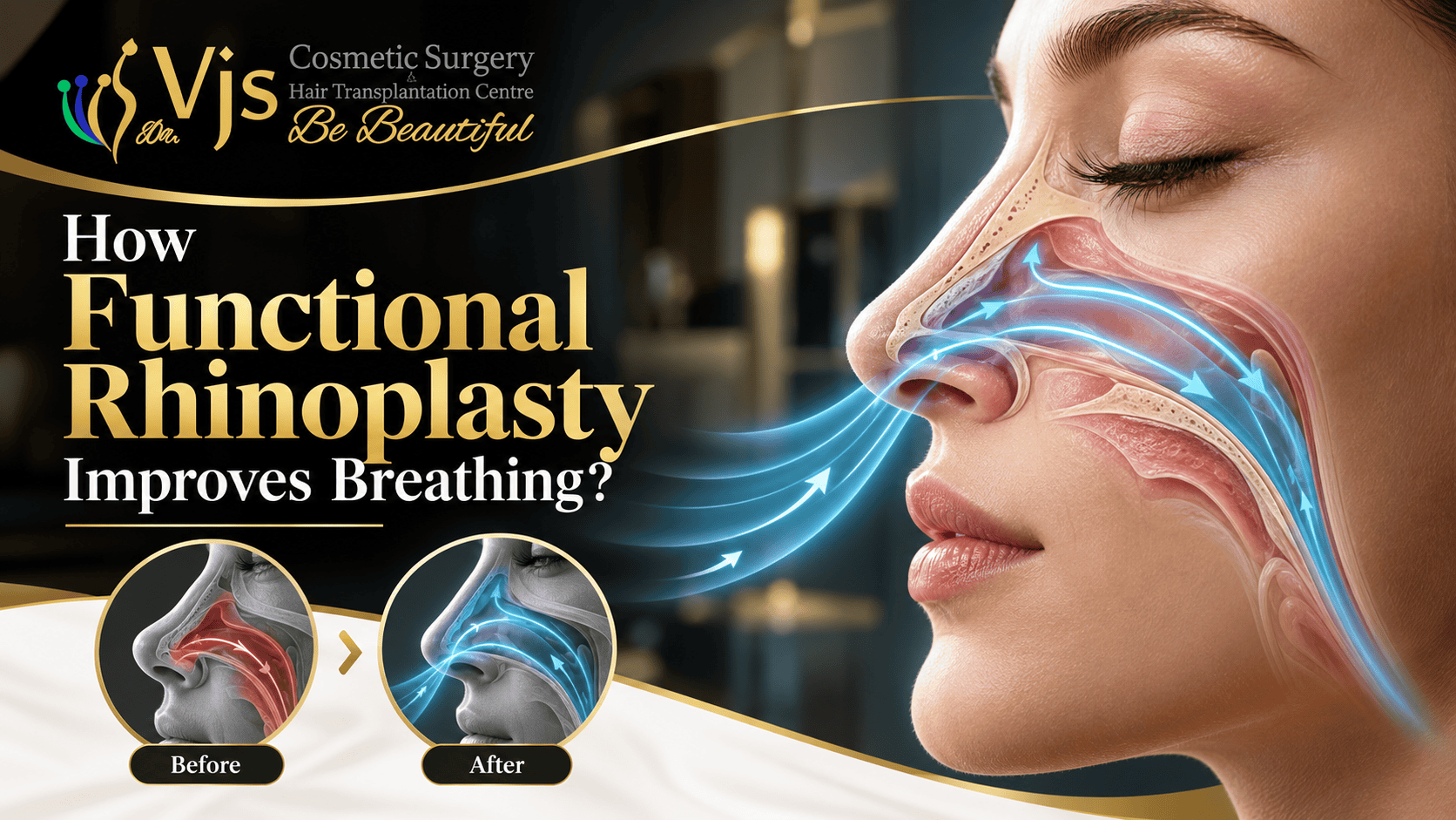 Close-up of a woman's face showing nasal passages before and after rhinoplasty.