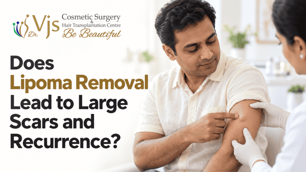 Doctor examines patient's arm for lipoma removal scars and recurrence.